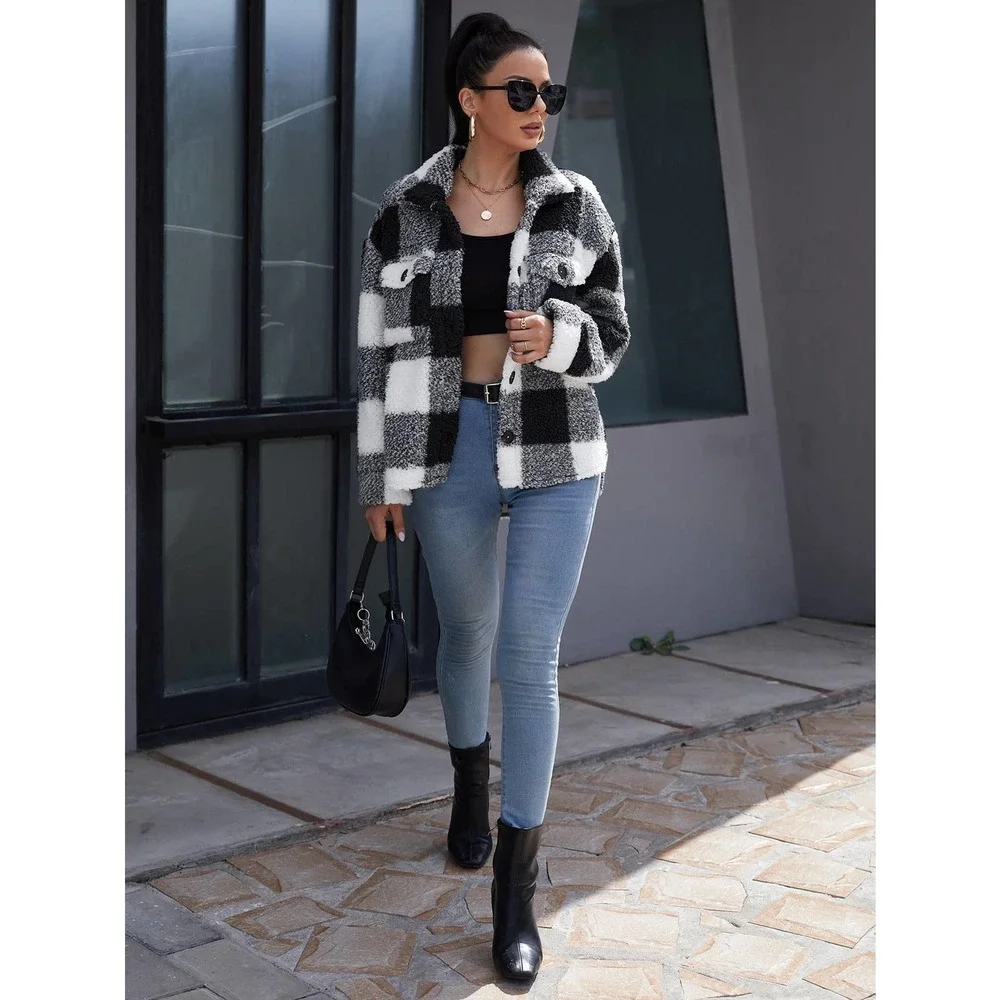 Buffalo Plaid Flap Pocket Teddy Coat teddy jacket black white faux fur - Picture 3 of 5